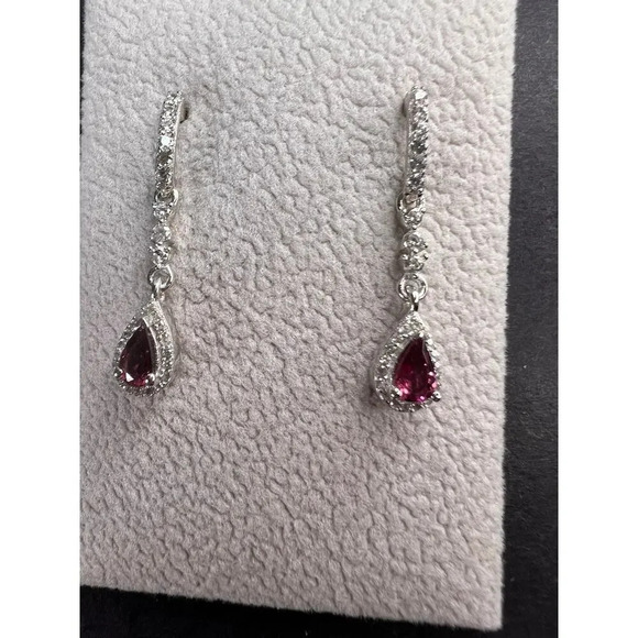 Rubellite and zircon earrings in platinum over sterling silver - Picture 2 of 10